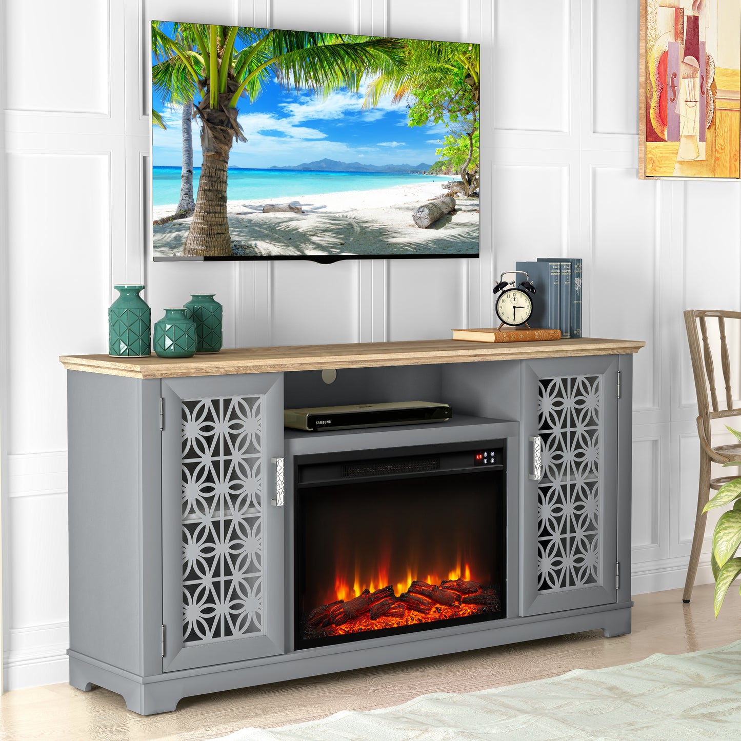 Festivo FTS23521 60" TV Stand with 26" Electric Fireplace-Grey