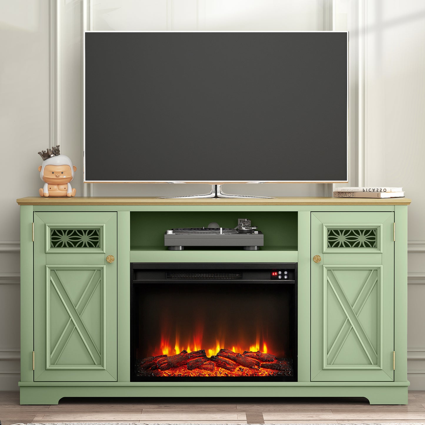 Festivo FTS24281 61" TV Stand with 26" Electric Fireplace-Green