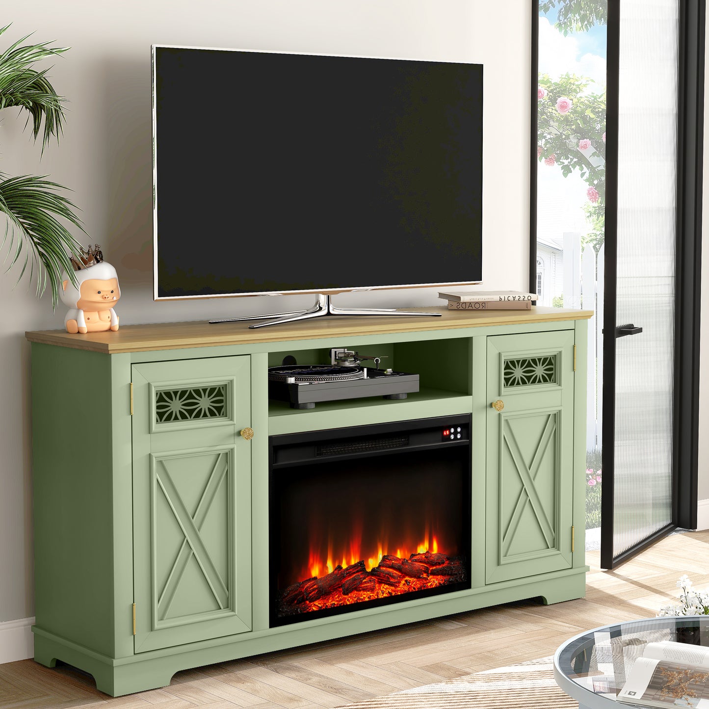 Festivo FTS24281 61" TV Stand with 26" Electric Fireplace-Green
